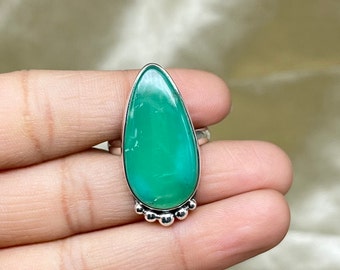 Chrysoprase Sterling Silver Ring, Teardrop Gemstone, Anniversary Gift