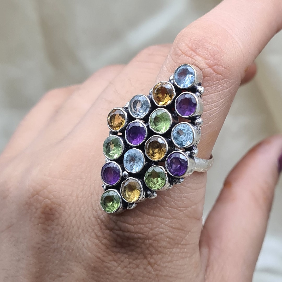Sliver Rings Multiple 925 Sterling Silver Ring, Multi Stone Silver Ring, Colorful Gemstone ...
