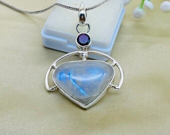 Collar con colgante de piedra lunar arcoíris natural, colgante de piedra lunar granate para mujer, collar de plata con forma de lágrima para regalo de aniversario, esposa