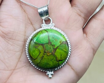 Pedante in argento turchese rame naturale, pendente in turchese verde argento sterling 925, pendente in pietra preziosa turchese in rame Boho per regali da donna