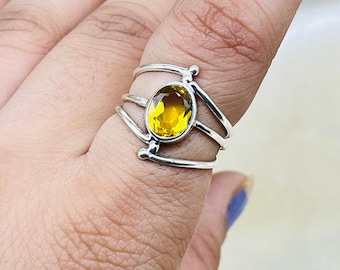 オーバルシトリンリング：925スターリングシルバークラスター、11月の