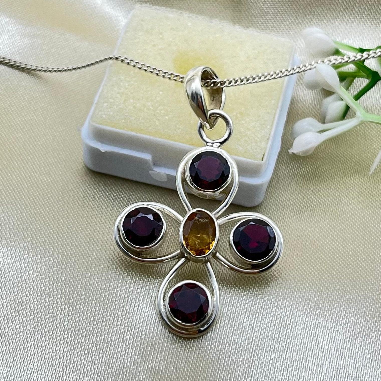 Collier Pendentif En Argent 925 Avec Citrine Naturelle, Grenat, Calcédoine Et Diamant Herkimer - Modèle 1036 - Neuf Avec étiquettes