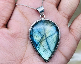 Colgante de plata de labradorita genuina, colgante de piedra preciosa de labradorita con forma de lágrima para mujeres, colgante de plata de labradorita azul, collar de labradorita