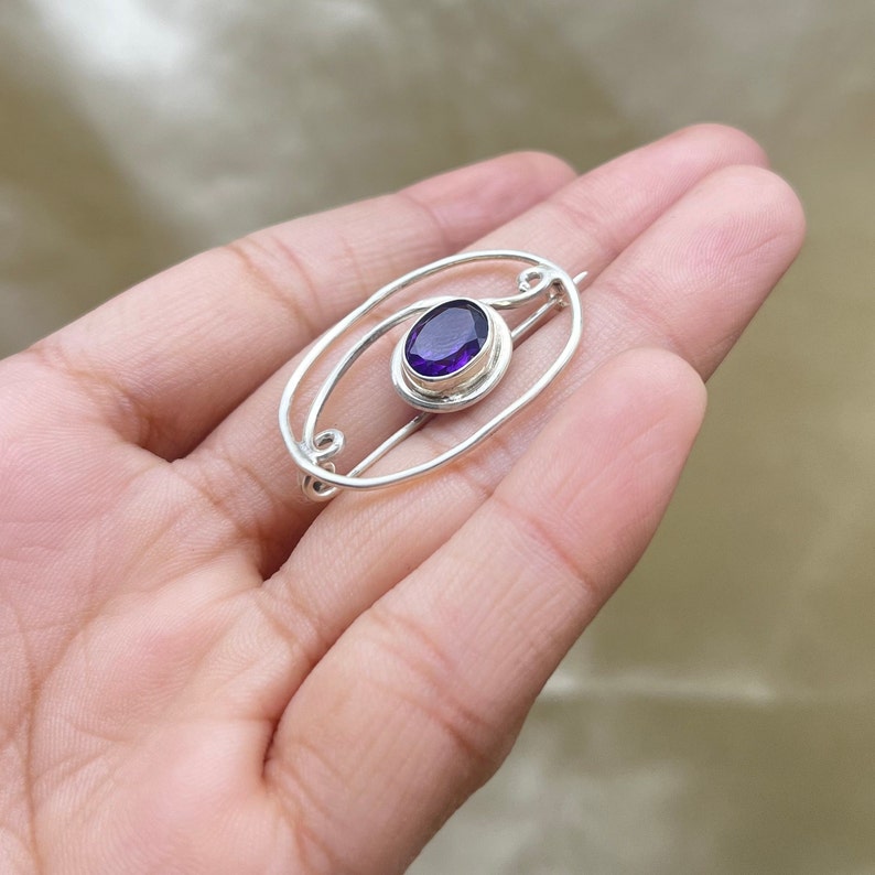 Echte Amethyst Brosche, 925 Sterling Silber Brosche, Vintage Silber Broschen, Broschen für Damen/Herren, keltische Silber Schalnadel, Haarspange Bild 2