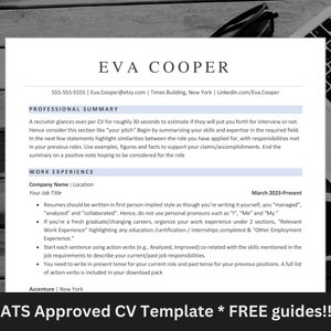 May include: A resume template with the name "EVA COOPER" at the top. The document includes sections for a professional summary and work experience. The text "* ATS Approved CV Template * FREE guides!!!" is at the bottom.