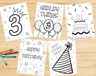 May include: Five black and white printable coloring pages for a birthday party. The pages feature a number three, balloons, a birthday cake, a party hat, and the words "Happy Birthday".