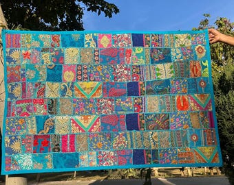 インドのタペストリー、マルチパッチワークビーズランナー、重厚な刺繍