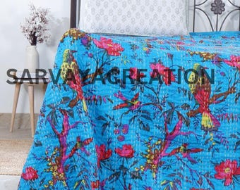 Indian Handmade Kantha Bedspread Twin Queen Size Cotton Throw Blanket Bed Cover Quilting.