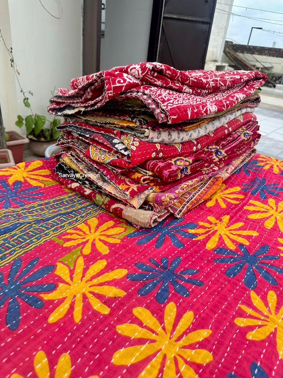 インドのヴィンテージカンタキルト、ハンドメイドスロー、リバーシブル