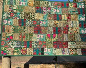 インドのタペストリー、マルチパッチワークビーズランナー、重厚な刺繍