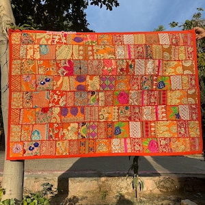 Handmade Vintage Patchwork Tapestry - Indian Sari Fabric Wall Hanging, Bedspread, Cotton Coverlet - Over 20 Years Old - SarvayaCreation