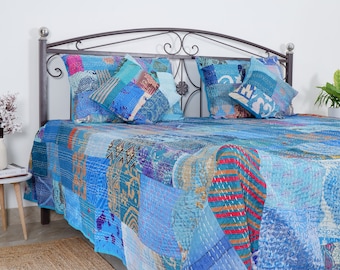 Hermoso edredón Boho Kantha, edredones de seda vintage hechos a mano, ropa de cama tamaño king, manta, colcha, edredones hippie a la venta