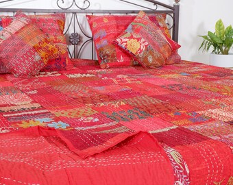 Großhandel Boho Patchwork Seide Bettdecke Große Seide Kantha Quilt Hippie Bettdecke Raumdecken Dekorative Vintage Handgemachte Doppel Werfen