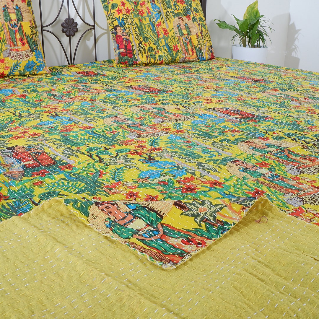 Handmade Indian Kantha Quilt Frida Kahlo Vintage Bedspread Throw Cotton Blanket | Australia