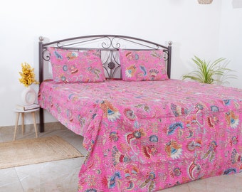 Handmade Cotton Mukut Print Kantha Quilt, Hand Stitched Gudri Bedspread Throw Blanket Home Decorative