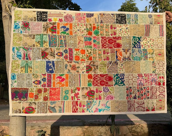 Indian Heavy Embroidered Wall Hanging Vintage Sari Zari Work Tapestry Handmade Throw Decorative Tapestries Patchwork Beads Runner 60" x 40"