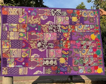 インドのタペストリー、マルチパッチワークビーズランナー、重厚な刺繍