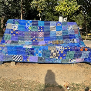 Patchwork Kantha Quilt: Blue Vintage Handmade Indian Quilt