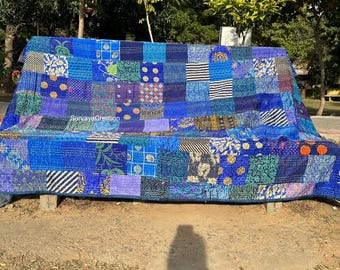 Indian Vintage Handmade Patchwork Quilt/Patola Silk Kantha Quilt King/Twin All Sizes Bedspread Quilt Coverlet
