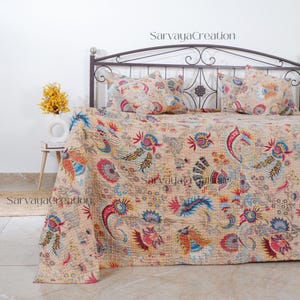 Indian Handmade Kantha Quilt Throw Mukut Printed King Size Cotton Kantha Bedspread Throw Bedcover 108x90 inch