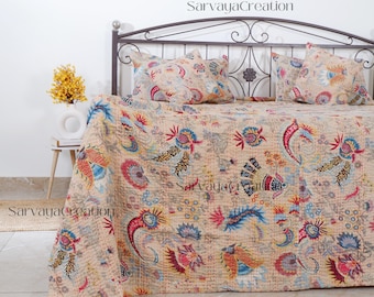 Cotton Kantha Indian Quilts Throw Bedspread Handmade Bedding Blanket Hippie Twin Size Floral Coverlets Boho Hand Quilts