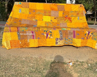 Indisk Patola siden handgjord kantha quilt, kantha Vintage sari filt, plädar, queen size-filt, överkast, lakan, rustik, boho