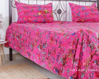 Tropical Kantha Quilt in Queen Size Bohemian Kantha Blanket Indian Handmade Kantha Bedding Coverlet