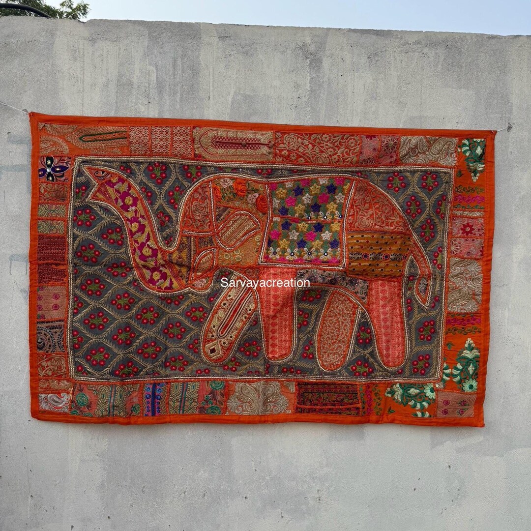 Handmade Indian Elephant Patchwork Tapestry Wall Hanging Vintage Boho ...