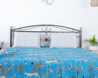 Indiase Kantha Quilt Sprei Etnisch Omkeerbaar Beddengoed Gudri Animal Print Handgemaakte Single/Double Size Bed Cover Gudri