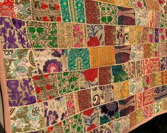 Indian Heavy Embroidered Wall Hanging Vintage Sari Zari Work Tapestry Handmade Throw Decorative Tapestries Patchwork Beads Runner 60" x 40"