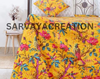 Edredón Kantha floral indio hecho a mano, manta reversible, colcha de tela de algodón, edredón bohemio, ropa de cama elegante, colchas, regalo para ella