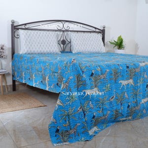 Animal Printed Cotton Quilted Blanket Indian Twin Handmade Bedspread Kantha Work Bohemian Bed Decor Throw Blanket 90X60 inch
