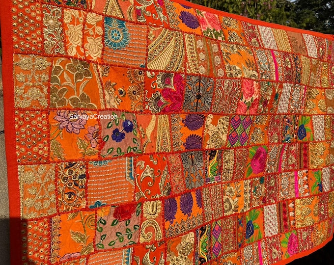 Indian Heavy Embroidered Wall Hanging Vintage Sari Zari Work Tapestry Handmade Throw Decorative Tapestries Patchwork Beads Runner 60" x 40"