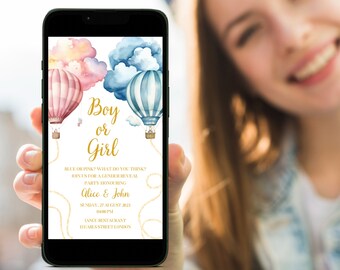 Hot Air Balloon Gender Reveal Invite, Gender Reveal Invitation Template, He or She, Boy or Girl Invite Template, Printable Gender Reveal