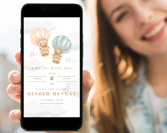 Hot Air Balloon Gender Reveal Invite, Gender Reveal Invitation Template, He or She, Boy or Girl Invite Template, Printable Gender Reveal