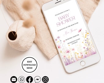 Electronic Baby Shower Invitation Wildflower Digital Invitation Baby Shower, Wildflower Baby Shower Evite Girl Editable Evite Template