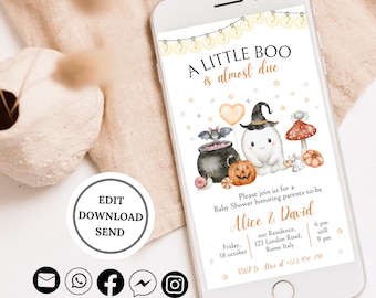 Faire-part de baby shower modifiable A Little Boo, invitation de baby shower d'halloween non sexiste, invitation de baby shower d'halloween fantôme mignon