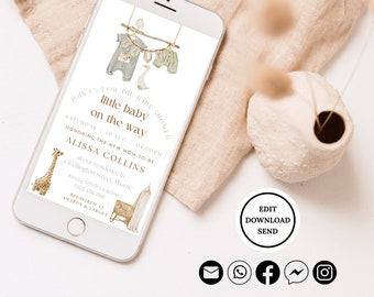 Digital Boho inspired baby shower phone invite, minimalist clothes electronic baby shower invitation template, sms texts evite