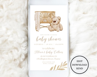 Electronic Baby Shower Teddy Bear Invitation, Boho Theme Baby Shower Invite, Digital Shower Invitation, Editable Evite Template