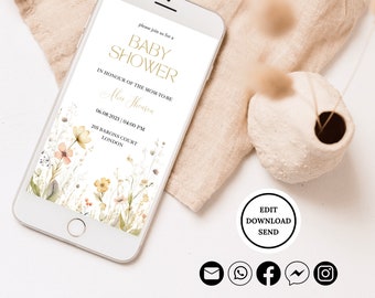 Electronic Baby Shower Invitation Wildflower Digital Invitation Baby Shower, Wildflower Baby Shower Evite Girl Editable Evite Template