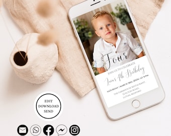 Birthday electronic Photo Invite, Photo Birthday Evite Picture Fourth birthday invitation  birthday party invitation digital phone