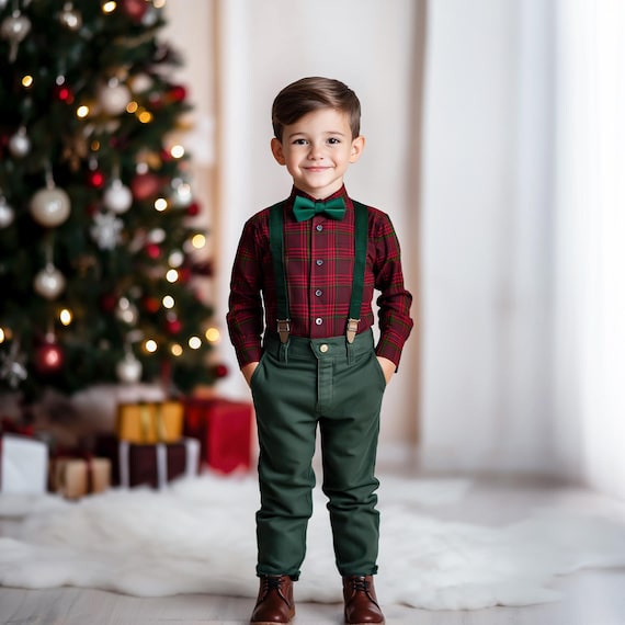 Boys Christmas Outfit 4 Pc Tartan Plaid Shirt Bow Tie Suspenders Pants. Toddler Boy Clothes Set Red and Green Kids Suit for Xmas Party Etsy
