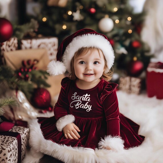 Santa Baby Outfit Girl of Burgundy Velvet With Party Hat, My First  Christmas Baby Dress, Xmas Holiday Red Romper for Newborn \u0026 Toddler Girls -  Etsy