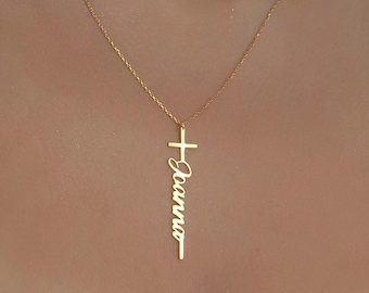 14K Gold Personalized Cross Name Necklace, Custom Name Necklace, Cross Necklace Women, Christian Gifts, Confirmation Gift for Women
