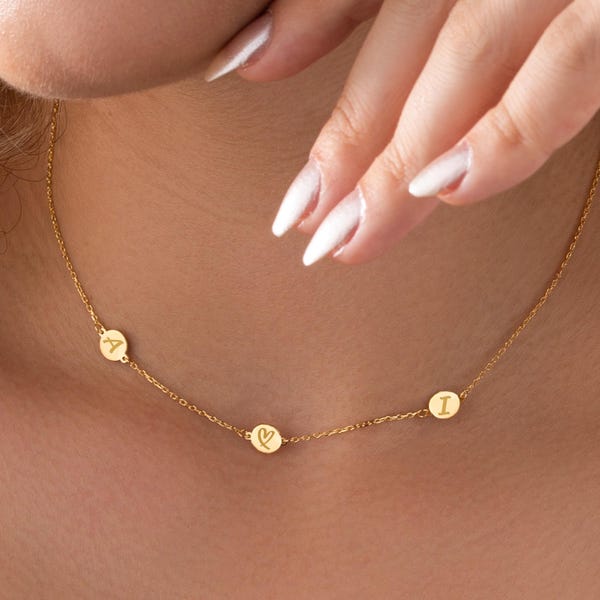 14K Gold Tiny Initials Necklace, Custom Name Disc Necklace, Dainty Initial Jewelry, Unique Jewelry Gift for Mom, Christmas Gifts