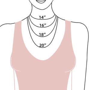 May include: A diagram showing different necklace lengths on a model. The lengths are 14 inches, 16 inches, 18 inches, and 20 inches.