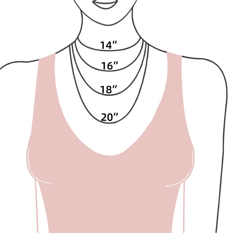 May include: A diagram showing different necklace lengths on a model. The lengths are 14 inches, 16 inches, 18 inches, and 20 inches.