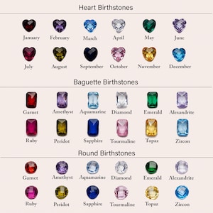 May include: Chart showing birthstones for each month of the year, with three different styles of gemstones: heart, baguette, and round. The chart includes the names of the gemstones and the months they represent.