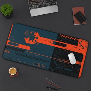 Könnte beinhalten: Eine schwarze und orangefarbene Gaming-Mausmatte mit geometrischem Design und dem Text "BACKGROUND".