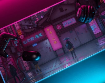Japanese Desk Mat, LED Gaming Mousepad, XXL Gaming Desk Mat, Asian City by Night, japanese, Anime, izakaya, Neon